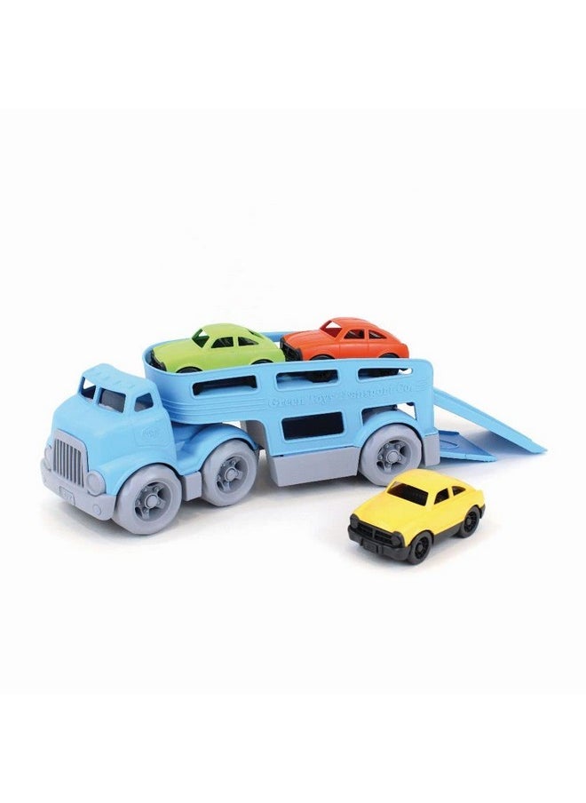 Green Toys Car Carrier, Blue - Pretend Play, Motor Skills, Kids Toy Vehicle. No BPA, phthalates, PVC. Dishwasher Safe, Recycled Plastic, Made in USA (4 Piece Set)