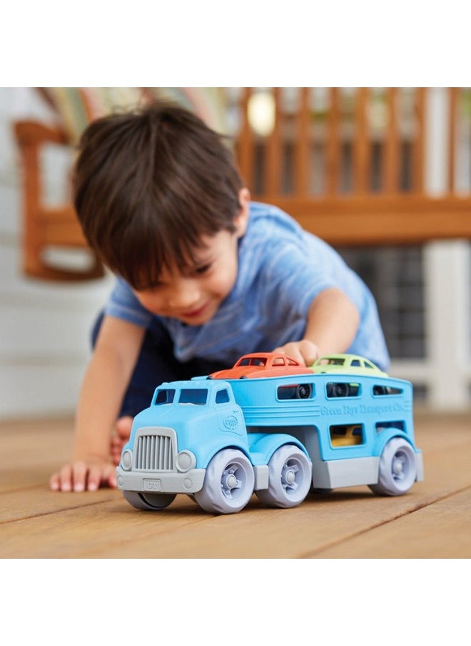 Green Toys Car Carrier, Blue - Pretend Play, Motor Skills, Kids Toy Vehicle. No BPA, phthalates, PVC. Dishwasher Safe, Recycled Plastic, Made in USA (4 Piece Set)
