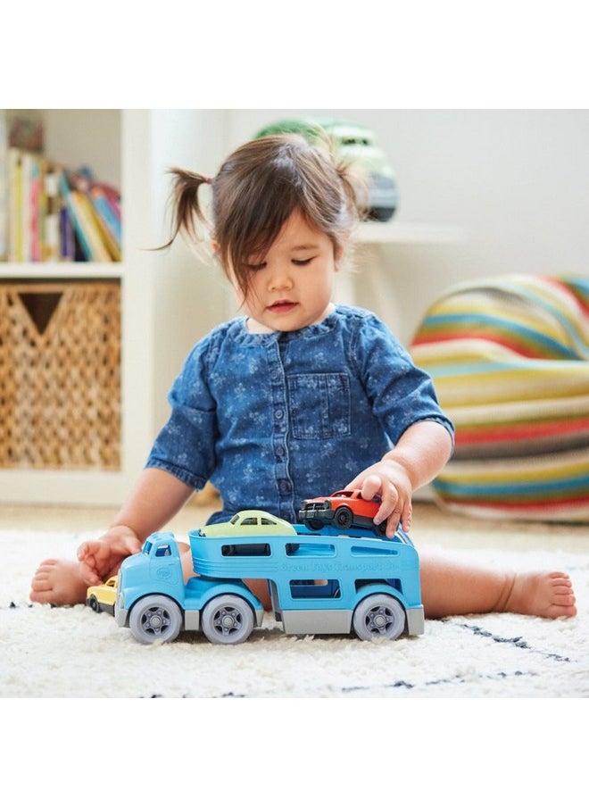 Green Toys Car Carrier, Blue - Pretend Play, Motor Skills, Kids Toy Vehicle. No BPA, phthalates, PVC. Dishwasher Safe, Recycled Plastic, Made in USA (4 Piece Set)