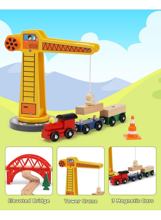 SainSmart Jr. Wooden Train Set for Toddler, 41pcs Wood Train Track w/Crane Fits Brio, Thomas, Melissa and Doug, Kids Wood Toy Train for Kids Ages 3+