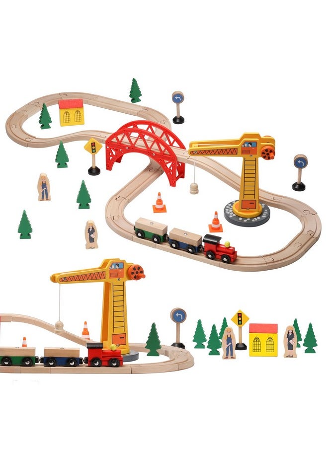 SainSmart Jr. Wooden Train Set for Toddler, 41pcs Wood Train Track w/Crane Fits Brio, Thomas, Melissa and Doug, Kids Wood Toy Train for Kids Ages 3+