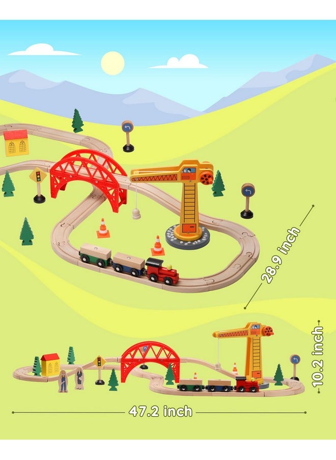 SainSmart Jr. Wooden Train Set for Toddler, 41pcs Wood Train Track w/Crane Fits Brio, Thomas, Melissa and Doug, Kids Wood Toy Train for Kids Ages 3+