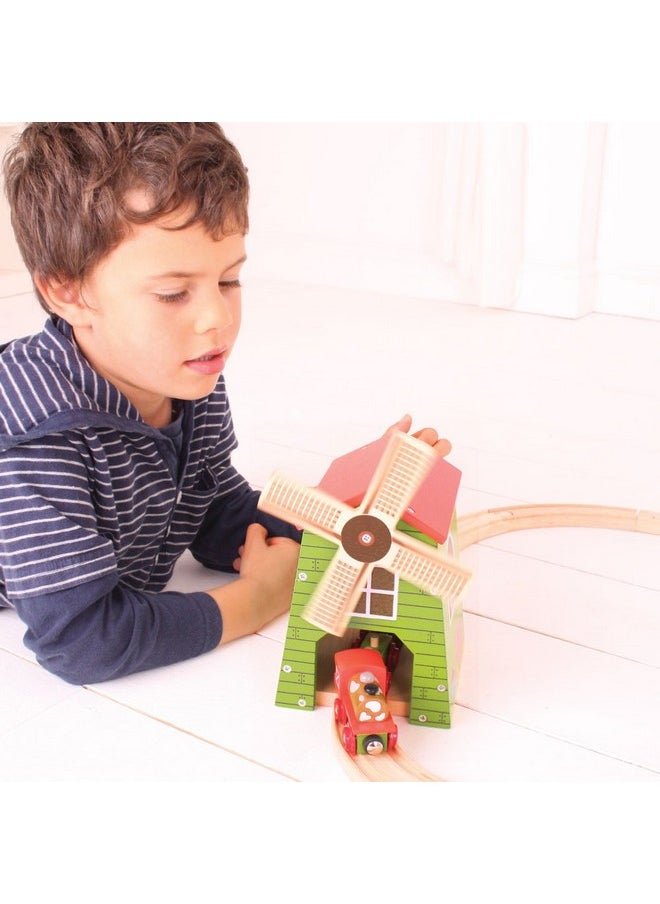 Bigjigs Rail Country Windmill Toy Train Tunnel - Bigjigs Train Accessories, Wooden Train Track Accessories, Windmill for Train Set, Trains for Kids