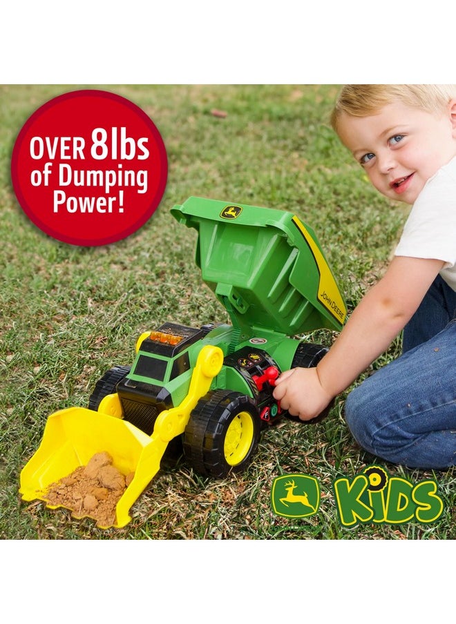 John Deere 18’’ 2-N-1 Dig Rig Toy Dump Truck and Front Loader with Lights, Sound and Motor with Dual Joystick Controllers, Extra Large Construction Truck, Sturdy Plastic, Birthday Gift, 3+