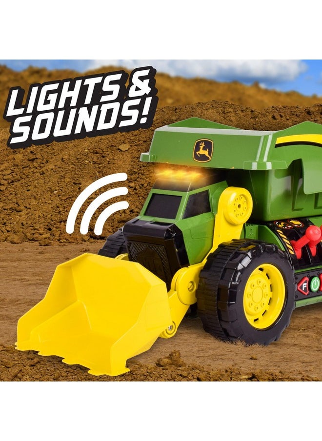 John Deere 18’’ 2-N-1 Dig Rig Toy Dump Truck and Front Loader with Lights, Sound and Motor with Dual Joystick Controllers, Extra Large Construction Truck, Sturdy Plastic, Birthday Gift, 3+