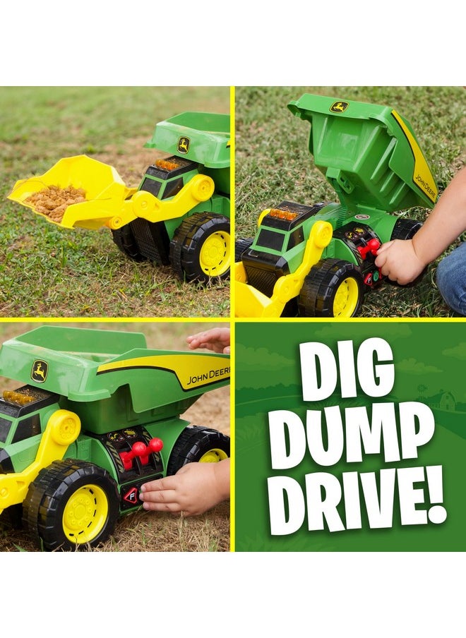 John Deere 18’’ 2-N-1 Dig Rig Toy Dump Truck and Front Loader with Lights, Sound and Motor with Dual Joystick Controllers, Extra Large Construction Truck, Sturdy Plastic, Birthday Gift, 3+