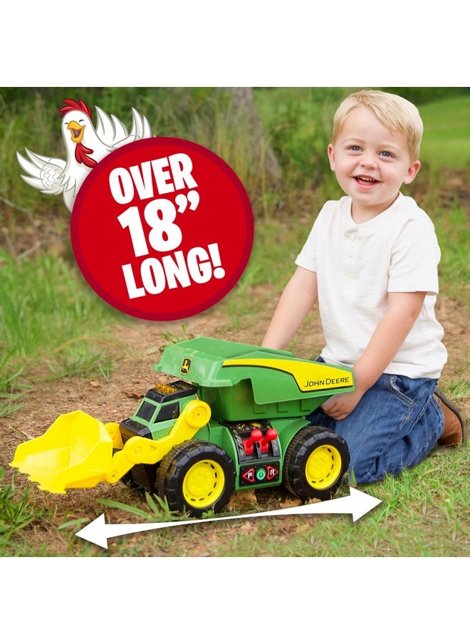 John Deere 18’’ 2-N-1 Dig Rig Toy Dump Truck and Front Loader with Lights, Sound and Motor with Dual Joystick Controllers, Extra Large Construction Truck, Sturdy Plastic, Birthday Gift, 3+