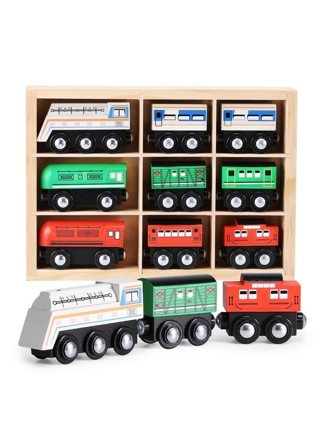 SainSmart Jr. 9 Pcs Wooden Train Set Magnetic Train Toys for Toddlers Kids Engine Vehicles Toy Train Cars for Boys Girls Compatible with Train Tracks