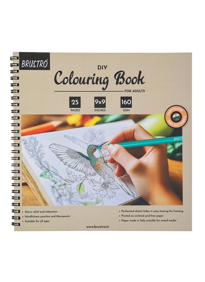 BRUSTRO DIY Colouring Book for Adults | 9x9 inches, 160 GSM, 25 Perforated Sheets | Ideal for Fineliners, Colour Pencils, Brush Pens, Markers.