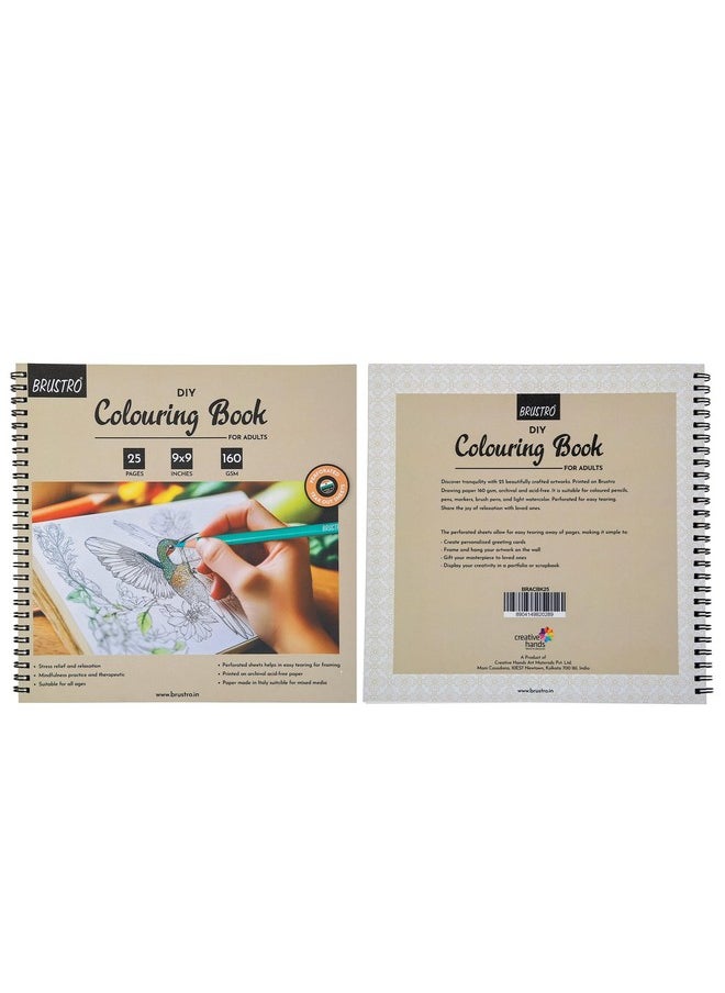 BRUSTRO DIY Colouring Book for Adults | 9x9 inches, 160 GSM, 25 Perforated Sheets | Ideal for Fineliners, Colour Pencils, Brush Pens, Markers.