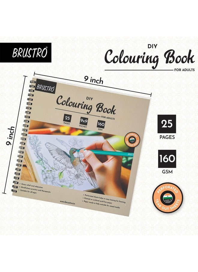 BRUSTRO DIY Colouring Book for Adults | 9x9 inches, 160 GSM, 25 Perforated Sheets | Ideal for Fineliners, Colour Pencils, Brush Pens, Markers.