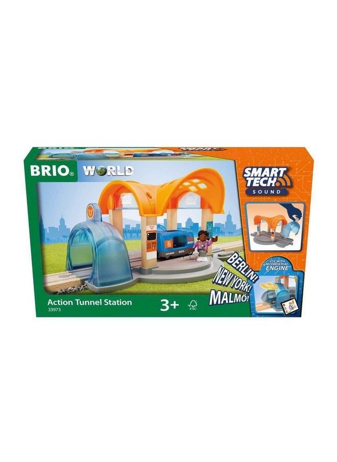 BRIO 33973 Smart Tech Sound Action Tunnel Station | Wooden Toy Train Set for Kids Age 3 and Up