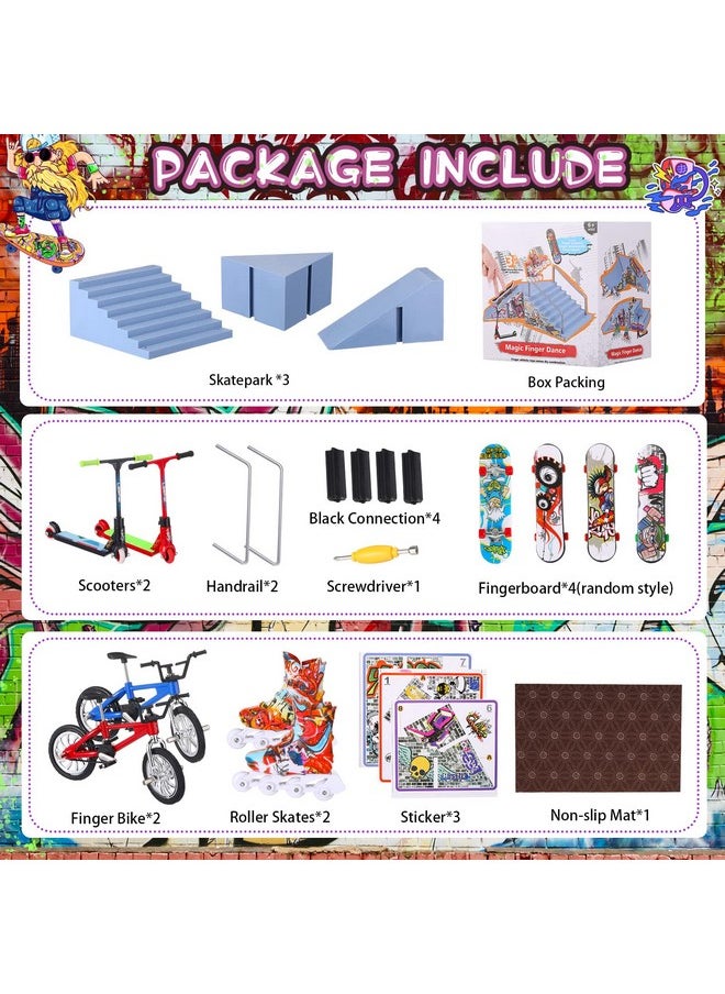 Civaner Fingerboard Skatepark Set 24 Pcs Mini Finger Toy with Finger Skateboards Ramp, Finger Bikes, Finger Scooter, Finger Skates for Skate Lovers Gift