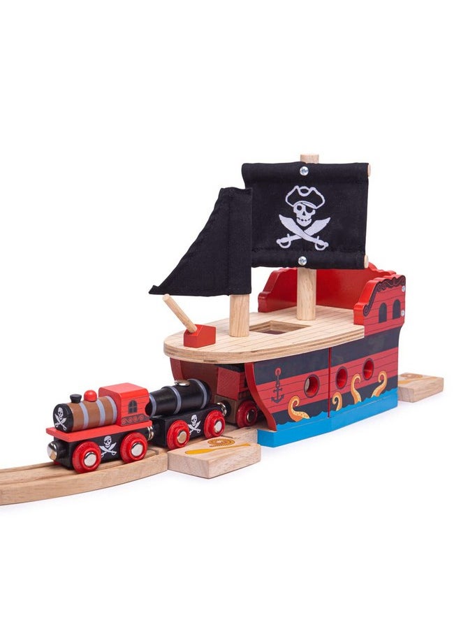 Bigjigs Rail Wooden Pirate Ship Galleon - Pirate Accessories for Wooden Train Sets, Bigjigs Train Accessories, Pirate Ship Toys for Kids, Wooden Toys for 3 4 5 Year Olds