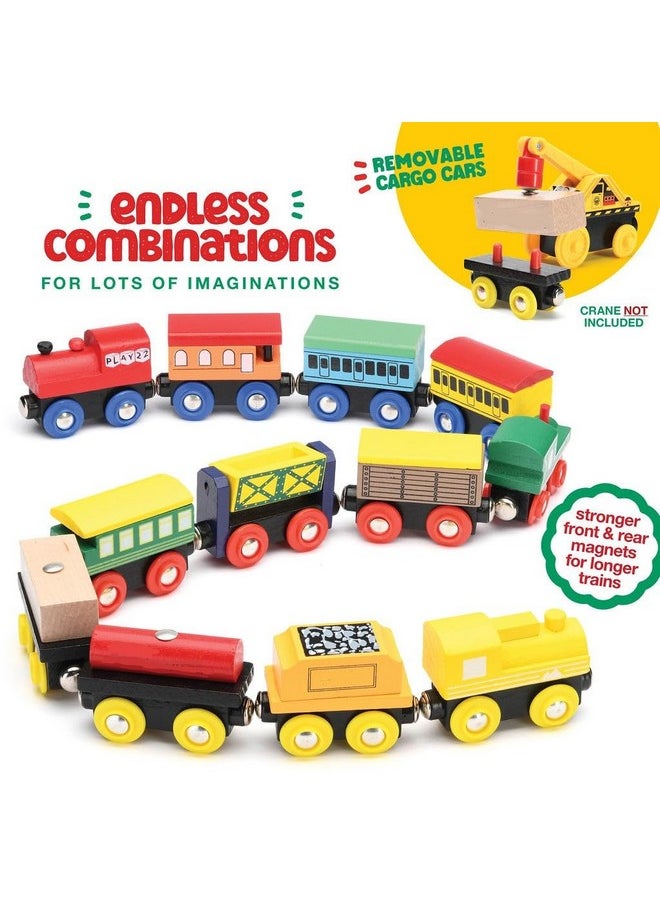 Wooden Train Set 12 PCS - Train Toys Magnetic Set Includes 3 Engines - Toy Train Sets For Kids Toddler Boys And Girls - Compatible With All Major Brands - Original - By Play22