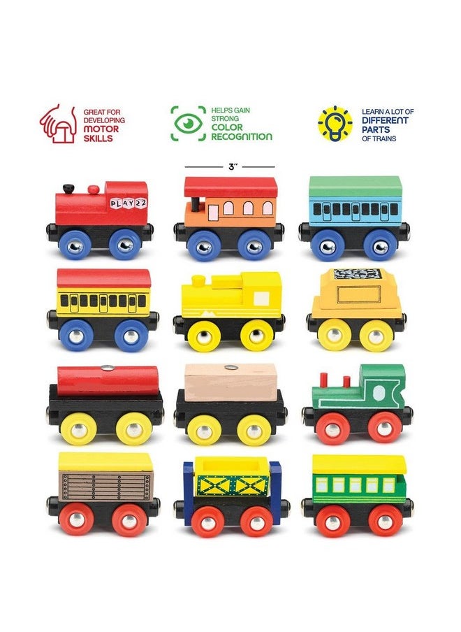 Wooden Train Set 12 PCS - Train Toys Magnetic Set Includes 3 Engines - Toy Train Sets For Kids Toddler Boys And Girls - Compatible With All Major Brands - Original - By Play22