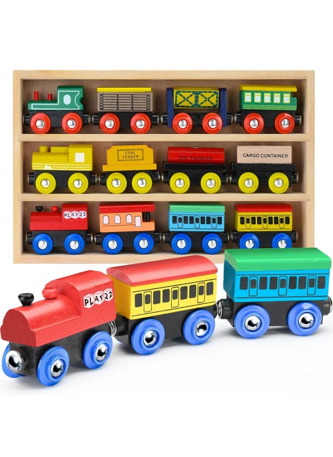 Wooden Train Set 12 PCS - Train Toys Magnetic Set Includes 3 Engines - Toy Train Sets For Kids Toddler Boys And Girls - Compatible With All Major Brands - Original - By Play22