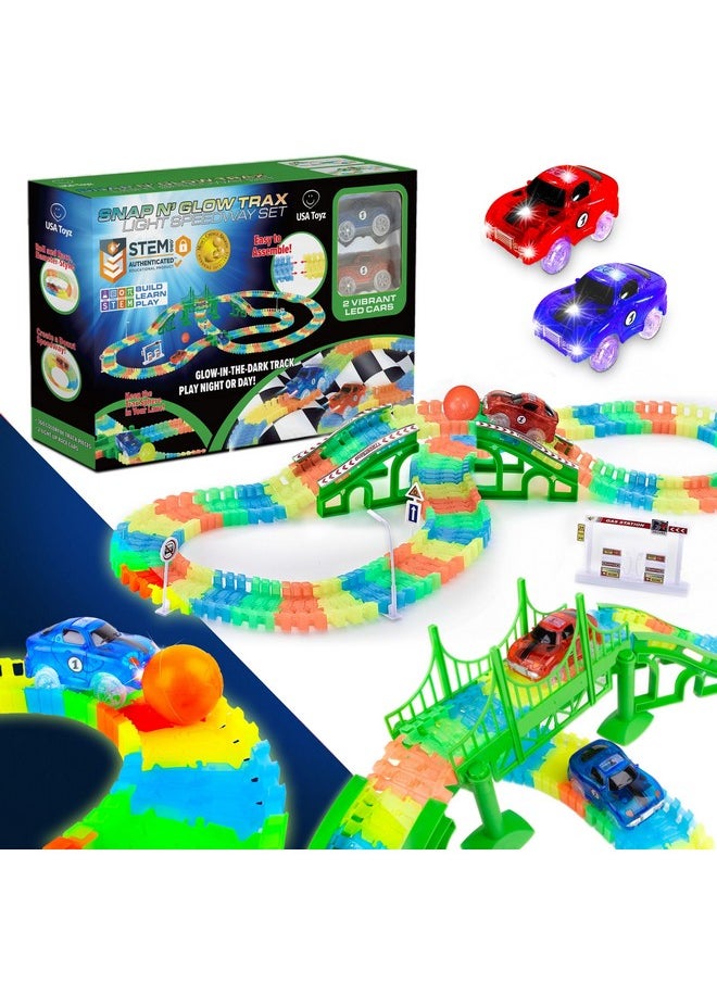 USA Toyz Glow Race Tracks and LED Toy Cars - 360pk Glow in The Dark Bendable Rainbow Race Track Set STEM Building Toys for Boys and Girls with 2 Light Up Toy Cars
