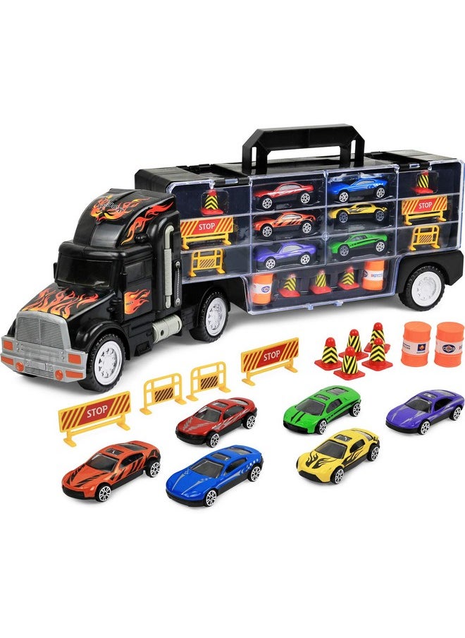 Click N' Play Truck Transport Carrier Toy for Boys and Girls, 15 Piece Hauler Truck with Cars, Road Signs, & More, Includes 28 Car Slots - Great Gift For Toddlers & Kids Age 3+, Black