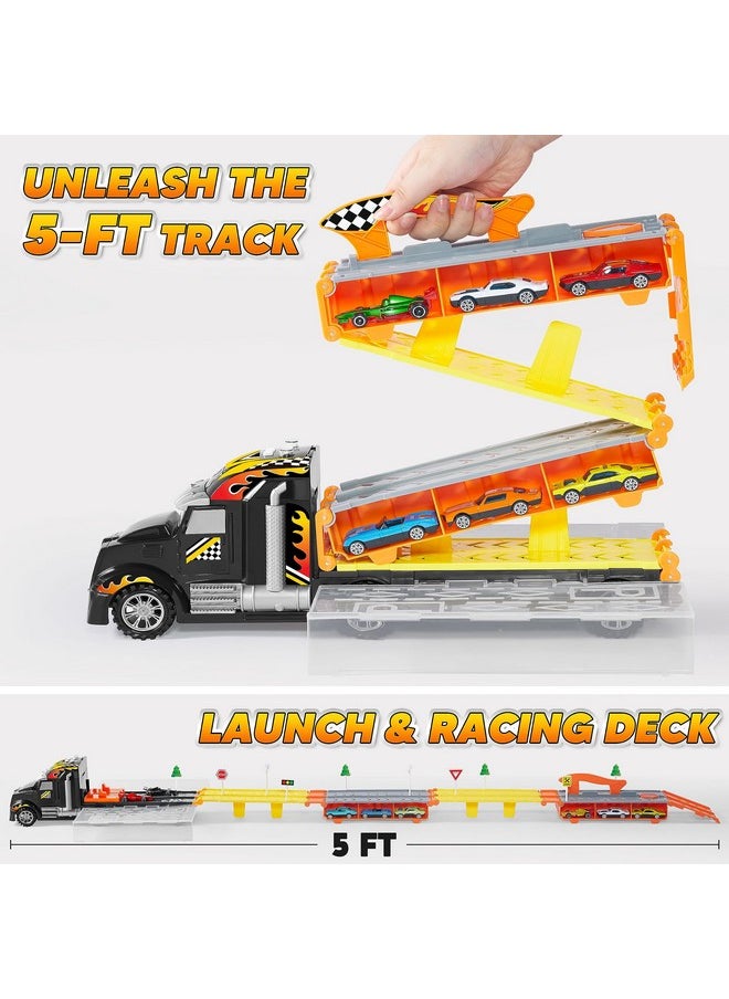 JOYIN Toy Truck for Kids,5-FT Race Track and 12 Die-Cast Metal Toy Cars, Racing Car with Lights & Sounds, Carrier Truck Toy Gift for 2 3 4 5 Years Old Boys and Girls
