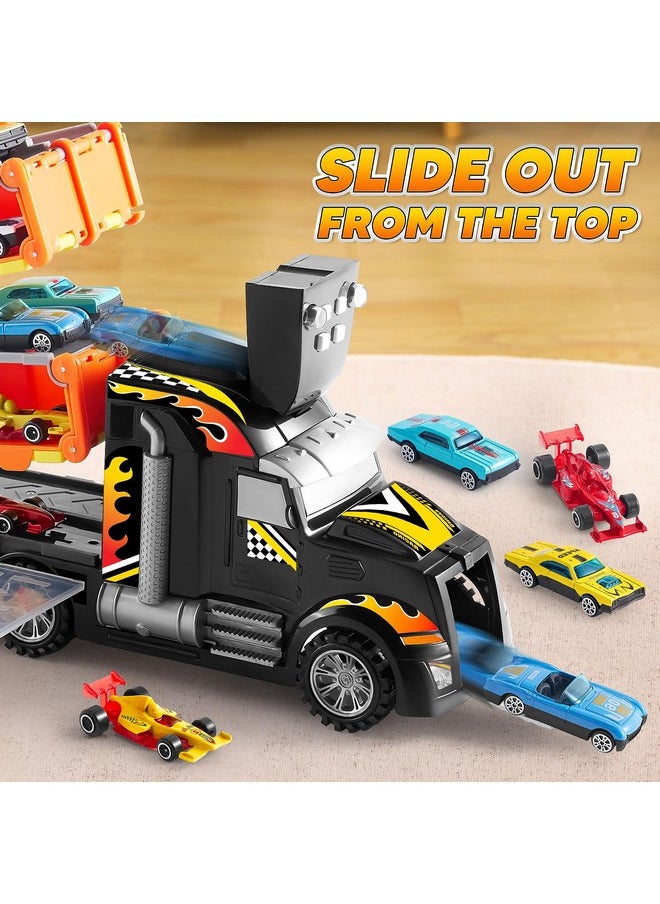 JOYIN Toy Truck for Kids,5-FT Race Track and 12 Die-Cast Metal Toy Cars, Racing Car with Lights & Sounds, Carrier Truck Toy Gift for 2 3 4 5 Years Old Boys and Girls