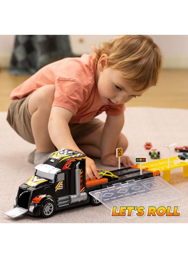 JOYIN Toy Truck for Kids,5-FT Race Track and 12 Die-Cast Metal Toy Cars, Racing Car with Lights & Sounds, Carrier Truck Toy Gift for 2 3 4 5 Years Old Boys and Girls