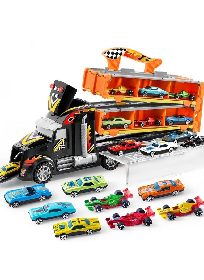 JOYIN Toy Truck for Kids,5-FT Race Track and 12 Die-Cast Metal Toy Cars, Racing Car with Lights & Sounds, Carrier Truck Toy Gift for 2 3 4 5 Years Old Boys and Girls