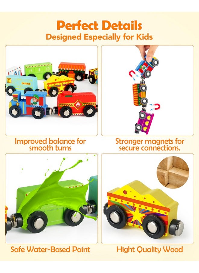 Vanmor Wooden Magnetic Train Set for Toddlers - 10 Piece Educational Toy Cars with Magnets Includes Storage Bag, Skill-Building Wood Trains Toys for Boys and Girls, Halloween for Kid