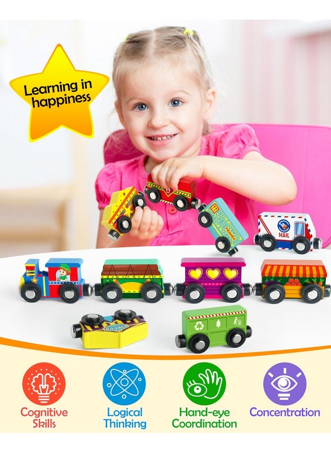 Vanmor Wooden Magnetic Train Set for Toddlers - 10 Piece Educational Toy Cars with Magnets Includes Storage Bag, Skill-Building Wood Trains Toys for Boys and Girls, Halloween for Kid