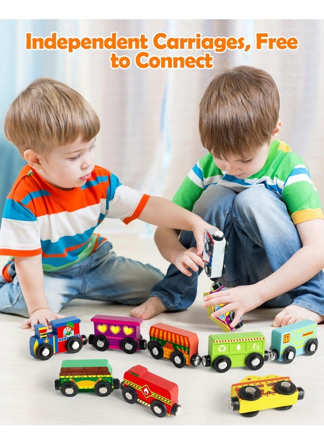 Vanmor Wooden Magnetic Train Set for Toddlers - 10 Piece Educational Toy Cars with Magnets Includes Storage Bag, Skill-Building Wood Trains Toys for Boys and Girls, Halloween for Kid