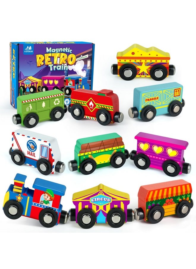 Vanmor Wooden Magnetic Train Set for Toddlers - 10 Piece Educational Toy Cars with Magnets Includes Storage Bag, Skill-Building Wood Trains Toys for Boys and Girls, Halloween for Kid