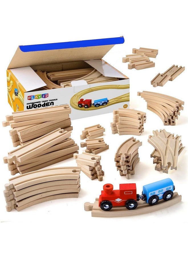 Play22 Wooden Train Tracks - 52 PCS + 2 Bonus Car Toy Trains - for Kids is Compatible with Thomas Wooden Railway Systems and All Major Brands - Original