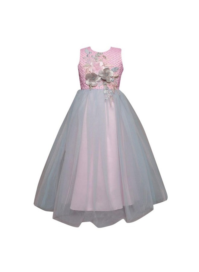Hopscotch Girls Floral Applique Sleeveless Gown In Pink Color for Ages 6-7 Years