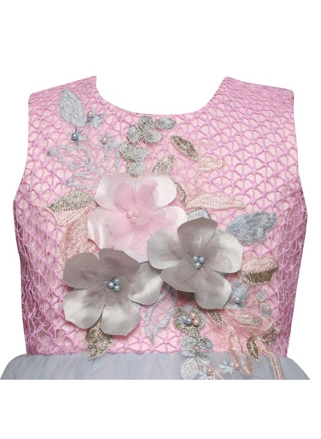 Hopscotch Girls Floral Applique Sleeveless Gown In Pink Color for Ages 6-7 Years