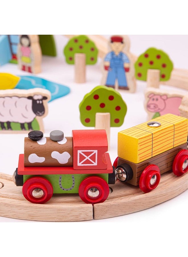 Bigjigs Rail, Farm Animals Wooden Train Set, Wooden Toys, 44 Piece Train Set, Wooden Train Track, Farm Toys, Wooden Toys for 3 Year Olds, Farm Set