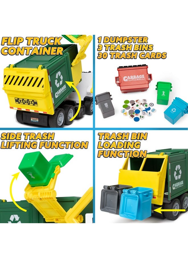JOYIN Large Friction Powered Garbage Truck Toy Set, Includes Dumpster, Trash Bins, and Learning Cards for Kids