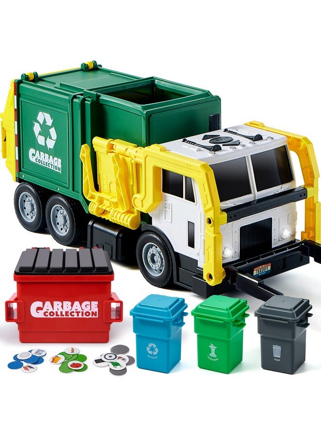 JOYIN Large Friction Powered Garbage Truck Toy Set, Includes Dumpster, Trash Bins, and Learning Cards for Kids
