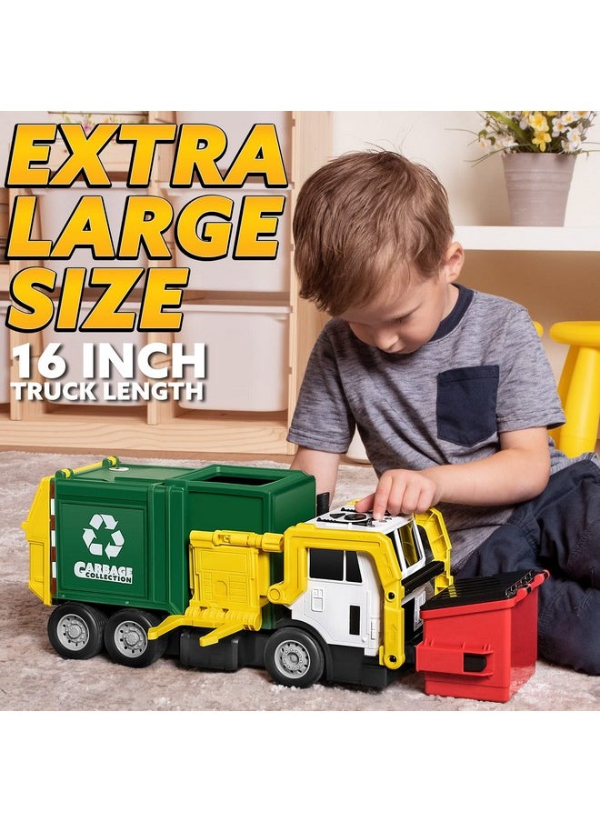 JOYIN Large Friction Powered Garbage Truck Toy Set, Includes Dumpster, Trash Bins, and Learning Cards for Kids
