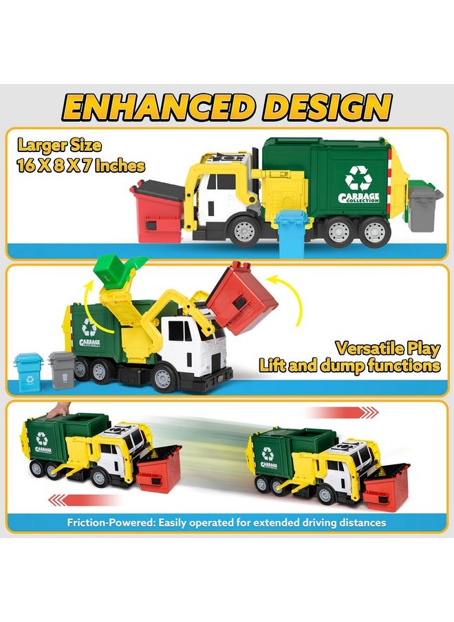 JOYIN Large Friction Powered Garbage Truck Toy Set, Includes Dumpster, Trash Bins, and Learning Cards for Kids