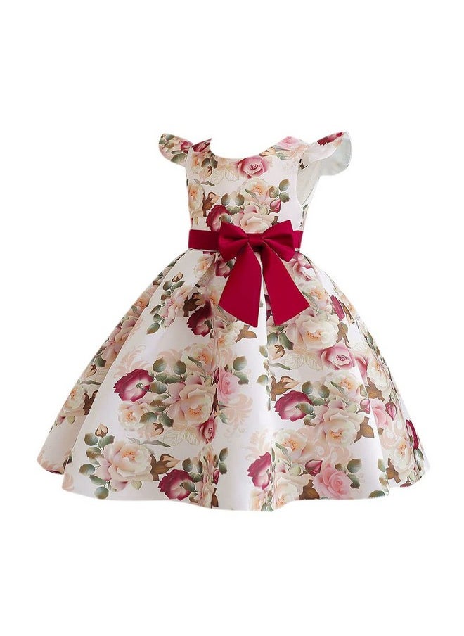 Hopscotch Girls Floral Print Party Knee-Length Dress In Red Color For Ages 2-3 Years