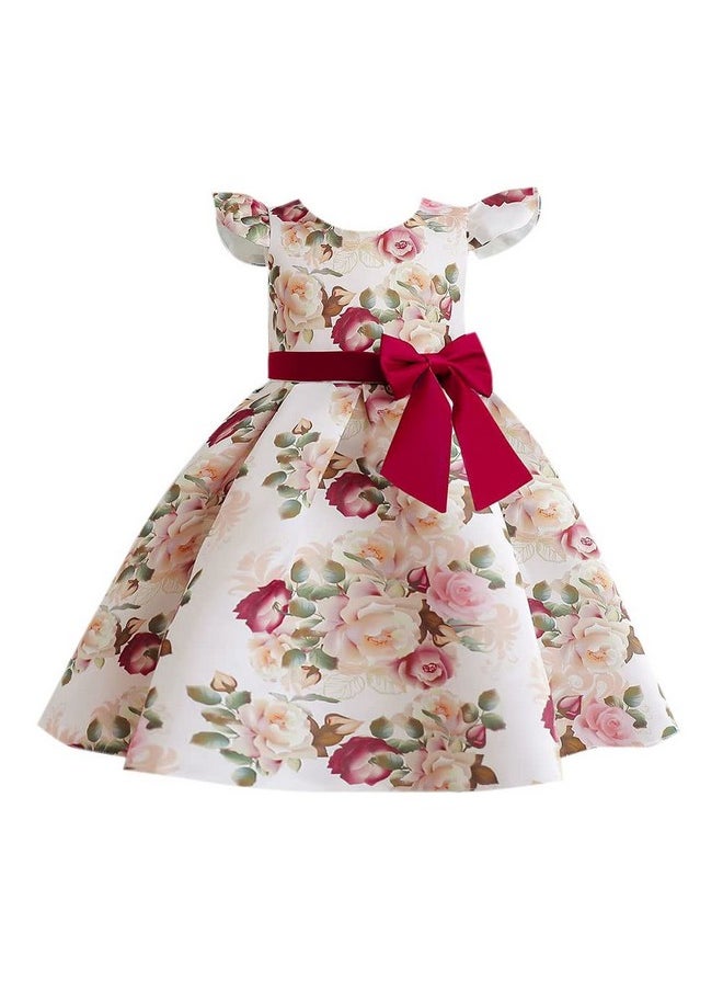Hopscotch Girls Floral Print Party Knee-Length Dress In Red Color For Ages 2-3 Years