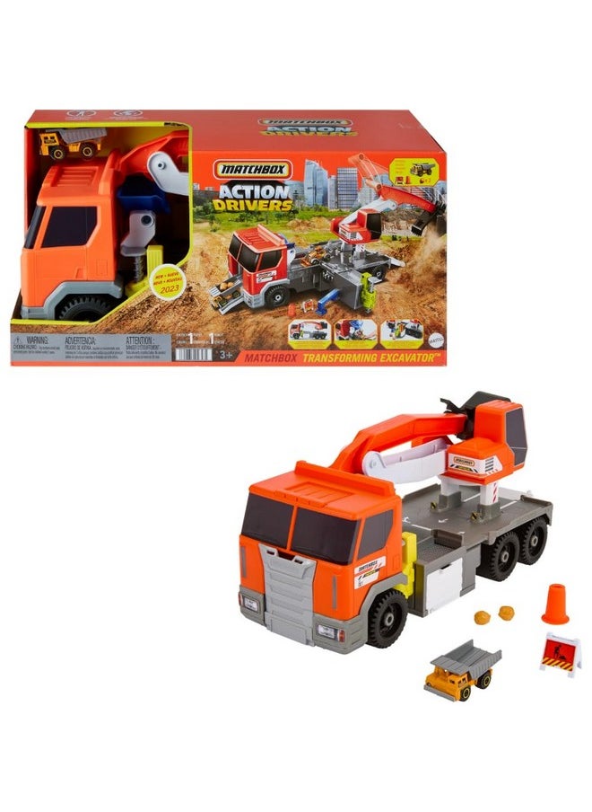 Matchbox Cars Playset, Action Drivers Transforming Excavator, Large Toy Truck, 1:64 Scale Construction Vehicle & 4 Accessories