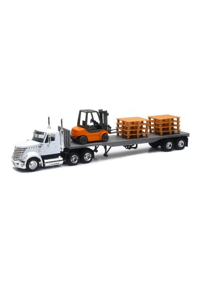 New-Ray 16643 Newray 1: 43 Long Haul Trucker - International Lonestar Flatbed with Forklift & Pallets, White,unisex-children
