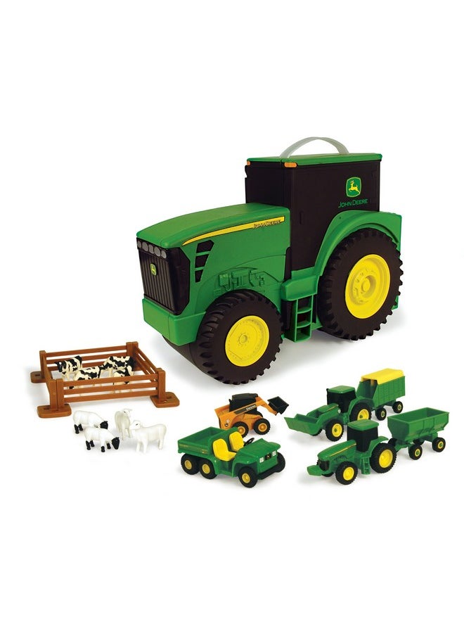 John Deere Value Set and Carrying Case - Portable Tractor-Shaped Carrying Case with 10 Compartments - Farm Toys - 18 Count - 3 Years and Up,Black/ Green/ Yellow