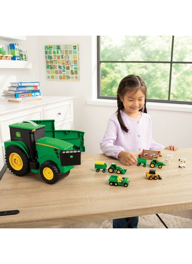 John Deere Value Set and Carrying Case - Portable Tractor-Shaped Carrying Case with 10 Compartments - Farm Toys - 18 Count - 3 Years and Up,Black/ Green/ Yellow