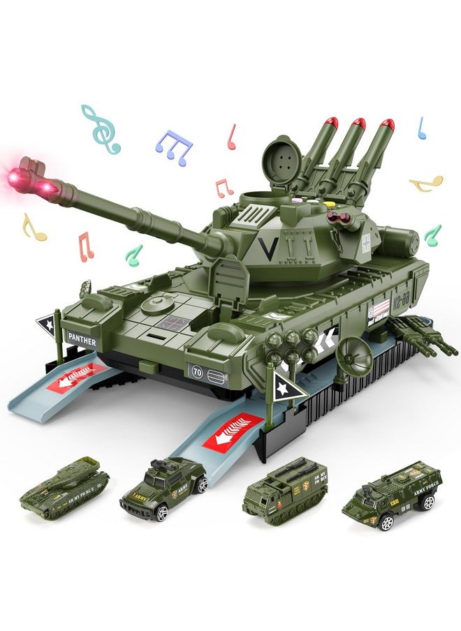 CUTE STONE Military Vehicles Set, Tank Toy Set with Realistic Light and Sound, Rotating Turret and Missile, 4 Pack Assorted Alloy Army Vehicles, Great Military Toy for Kids Boys