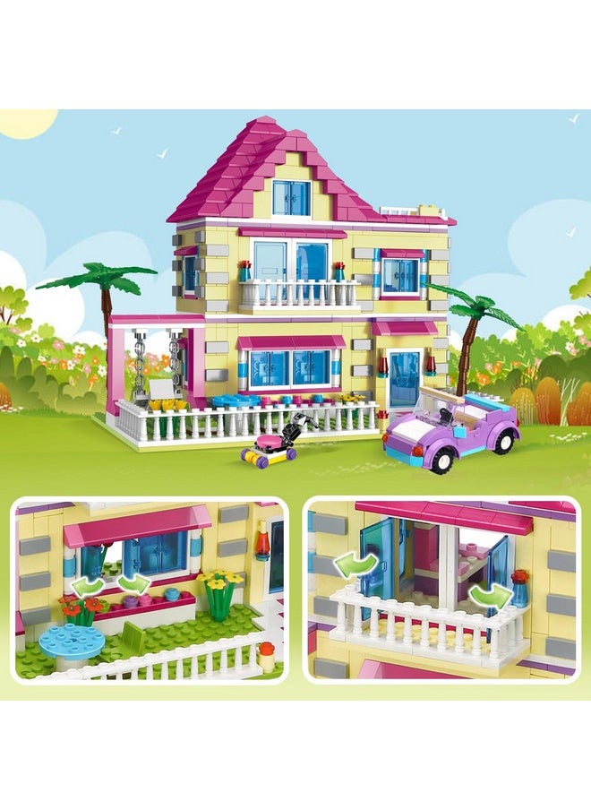 BRICK STORY Girls Friends House Building Kit, 892 PCS Big Villa Building Blocks City Family Beach House Model Toy Set Apartment Room Playset with 4 Mini People and Car for Girls Kids Aged 6 and Up