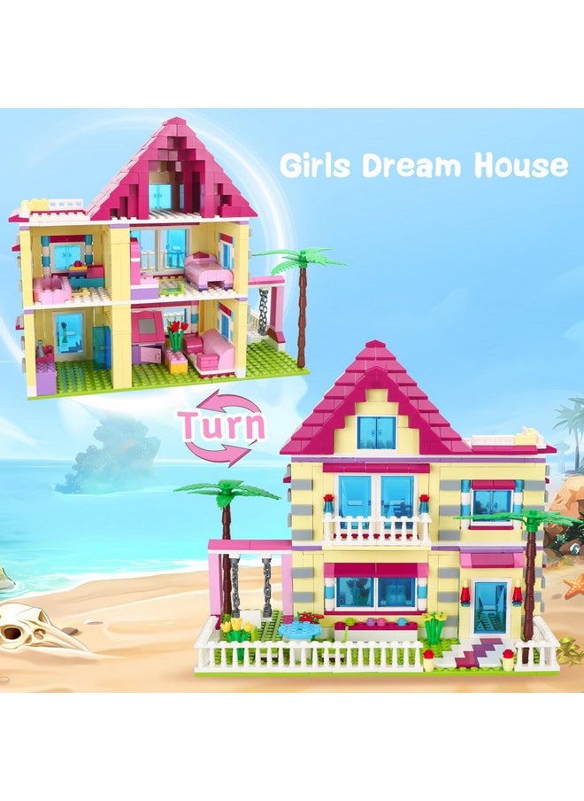 BRICK STORY Girls Friends House Building Kit, 892 PCS Big Villa Building Blocks City Family Beach House Model Toy Set Apartment Room Playset with 4 Mini People and Car for Girls Kids Aged 6 and Up