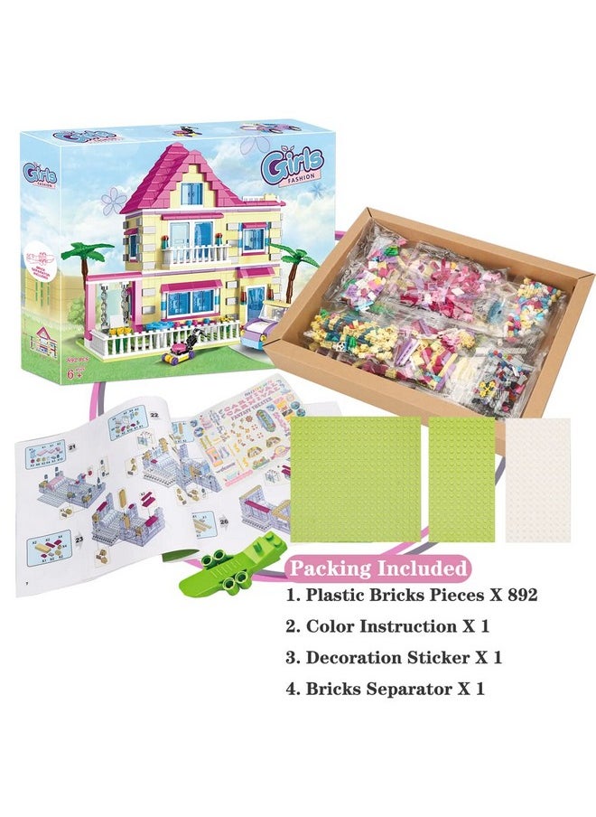 BRICK STORY Girls Friends House Building Kit, 892 PCS Big Villa Building Blocks City Family Beach House Model Toy Set Apartment Room Playset with 4 Mini People and Car for Girls Kids Aged 6 and Up