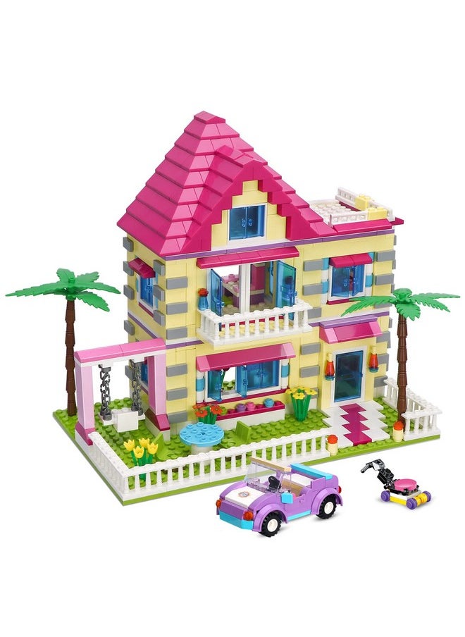 BRICK STORY Girls Friends House Building Kit, 892 PCS Big Villa Building Blocks City Family Beach House Model Toy Set Apartment Room Playset with 4 Mini People and Car for Girls Kids Aged 6 and Up